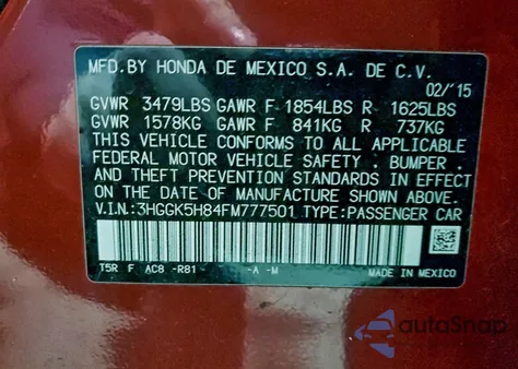 2015 Honda Fit Ex from USA, damaged, VIN 3HGGK5H84FM777501